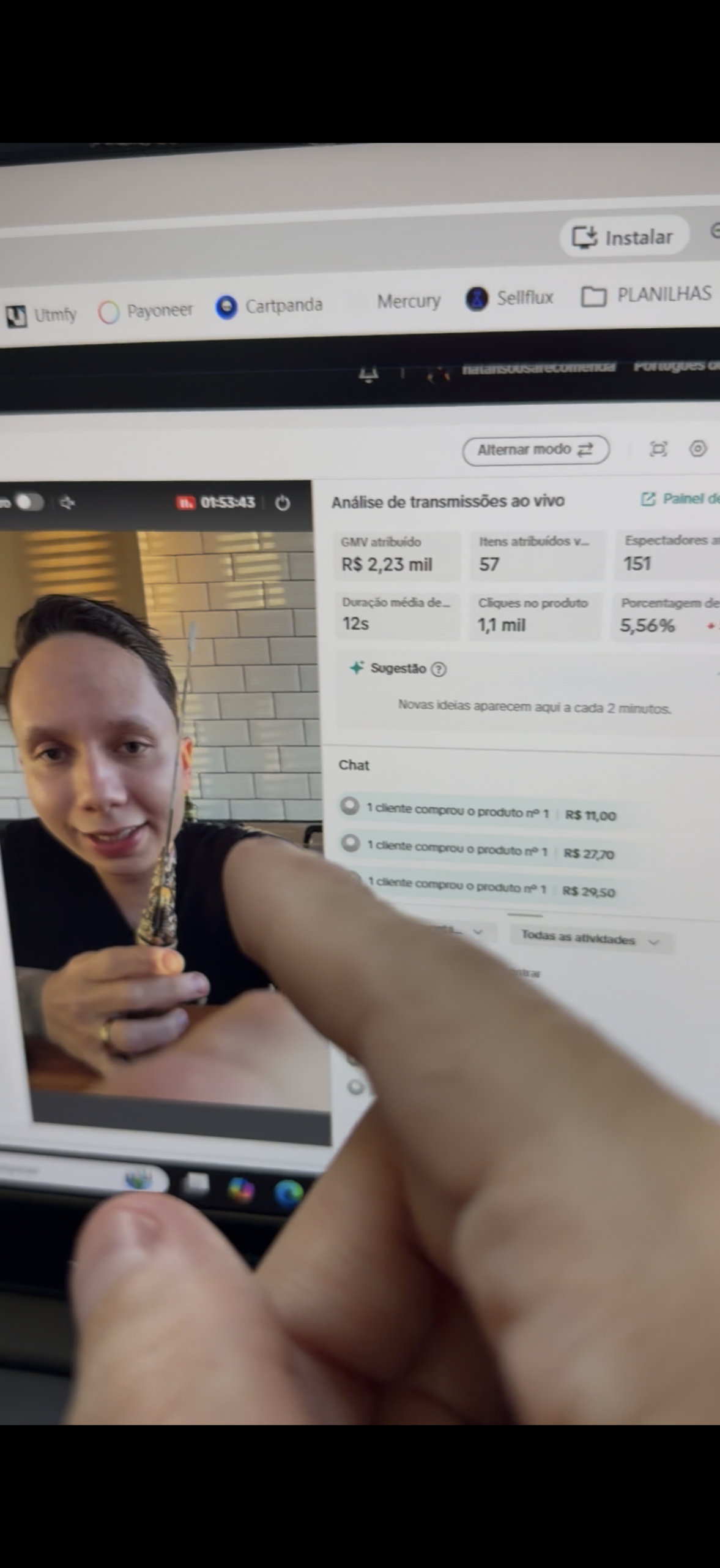 Print real — GMV R$2,23 mil numa live